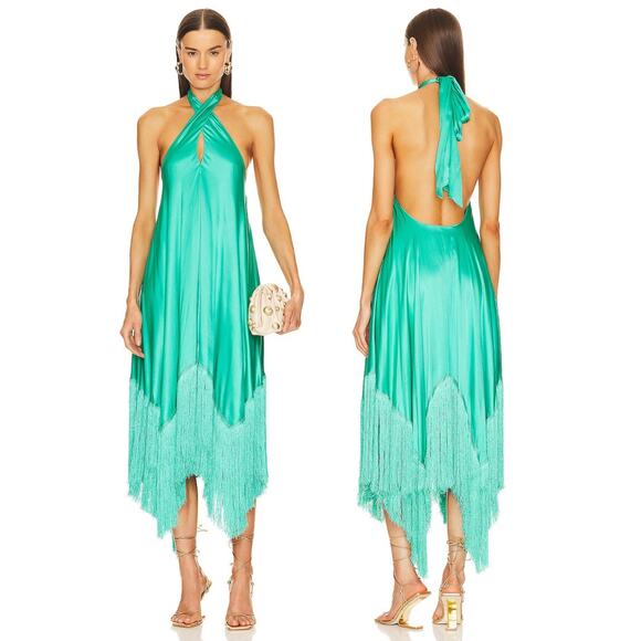 Cult Gaia Dresses & Skirts - Cult Gaia Silk Ali Dress Halter Neck Tie Fringe Silk Coastal Party Classy Sz L